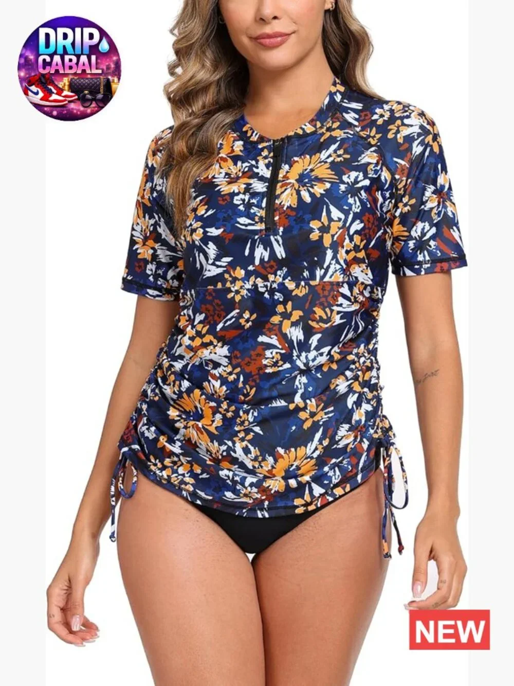 Short Sleeve UPF50+ Rash Guard Swim Shirt with Built-in Bra Half Zip